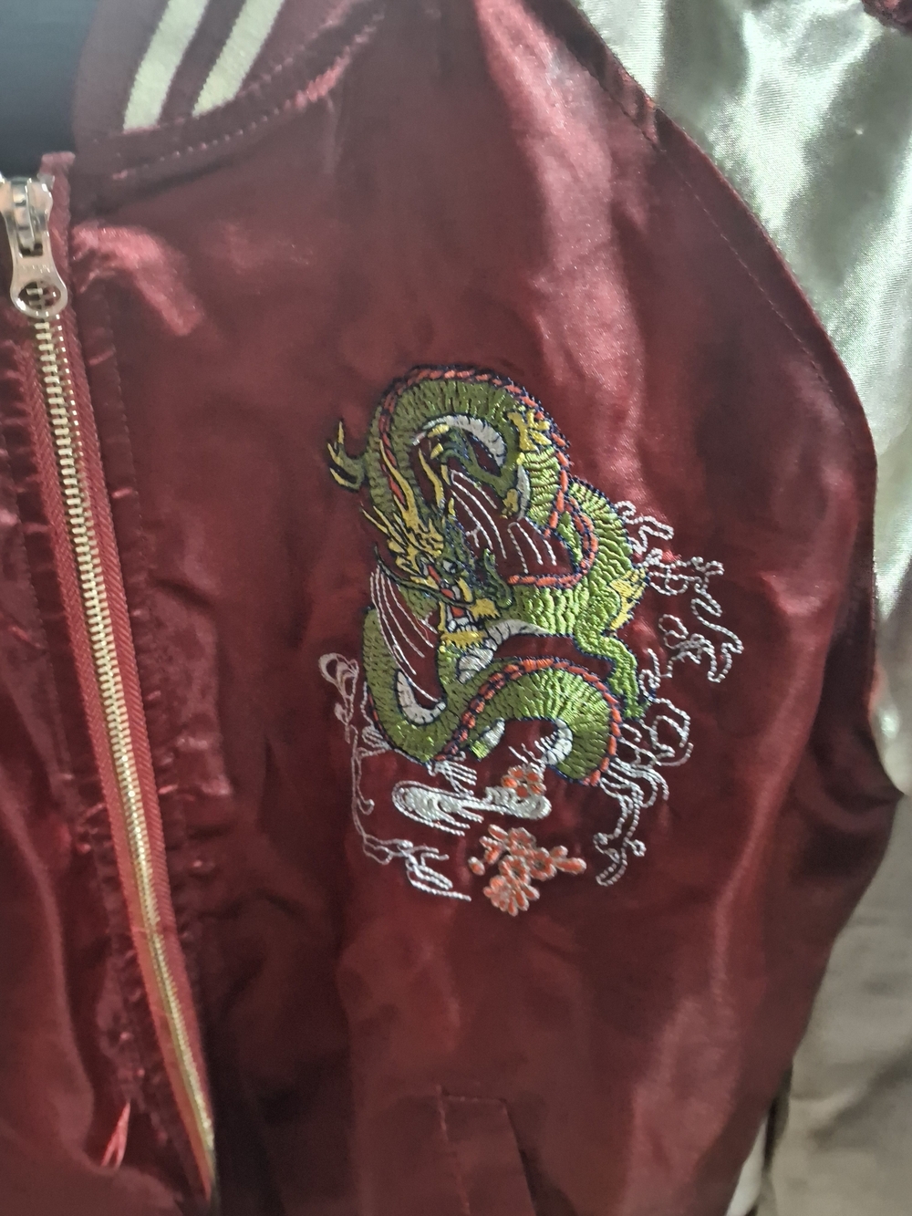 Embroidered SAKUJAN Bomber Dragon Satin Bomber Jacket - Burgundy & Cream SMALL - Picture 5 of 7
